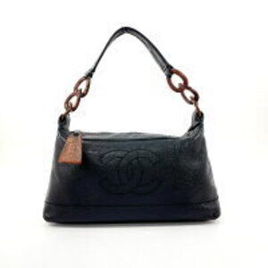 CHANEL Coco Mark Wood Chain Shoulder Bag Matte Caviar Leather Black